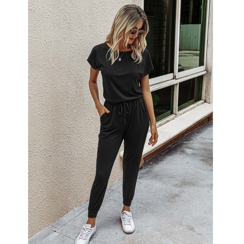 Casual Black Jumpsuit Drawstring Waist - Picture 5 of 17